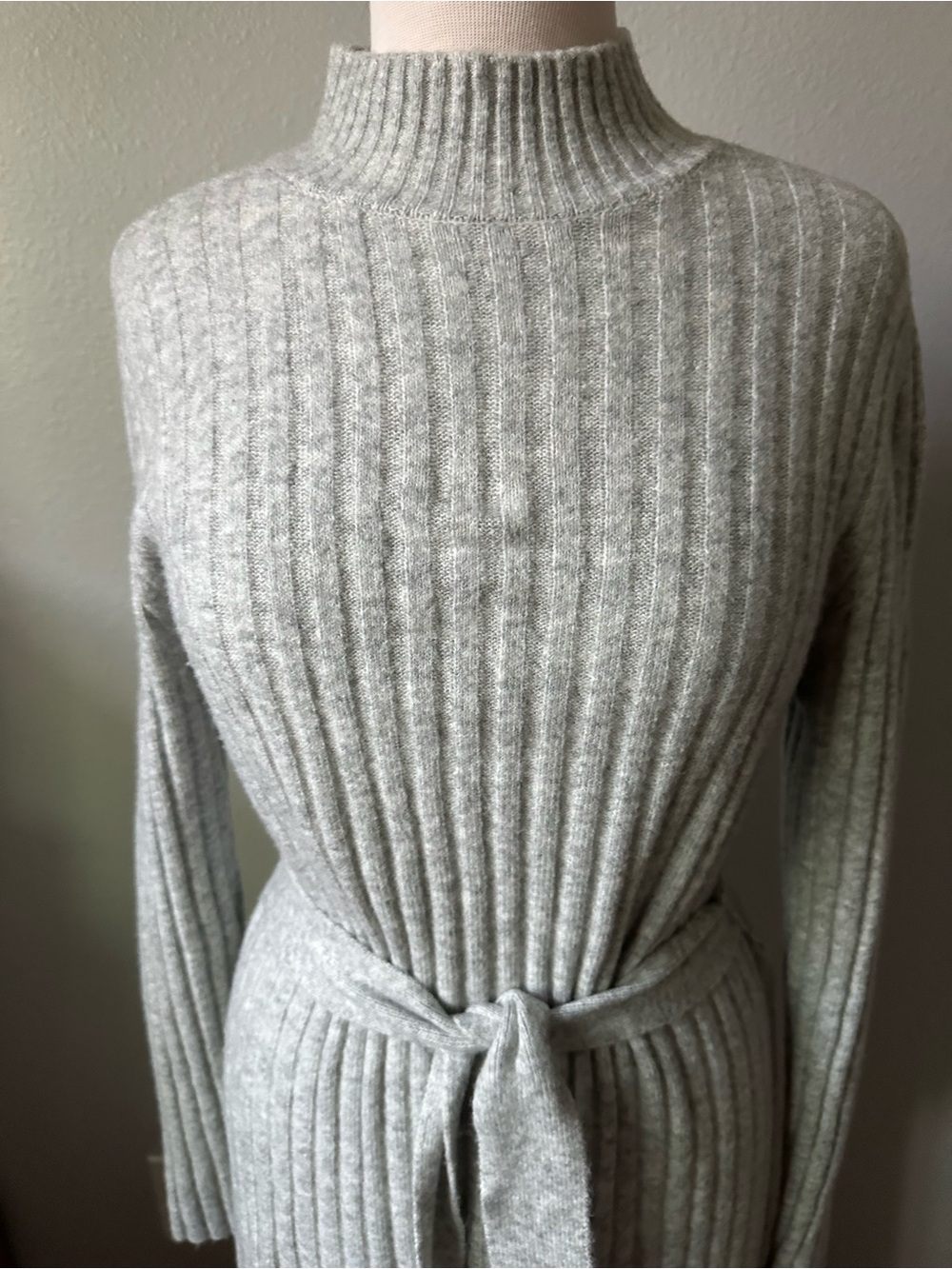 LOFT Light Gray Ribbed Mock Neck Sweater Dress with Tie